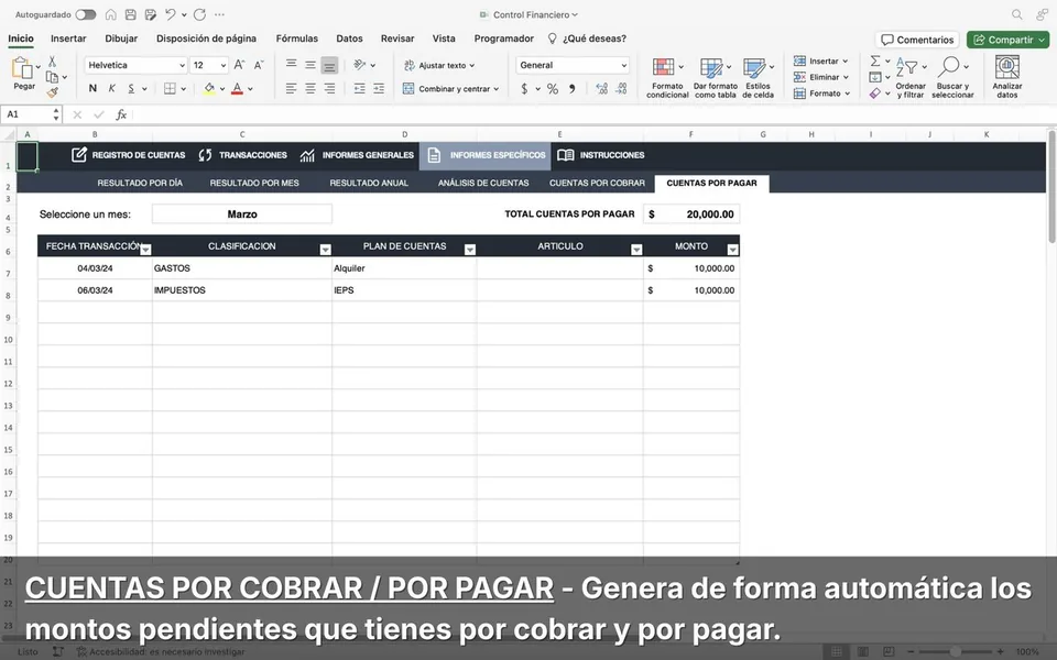 Pestaña Cuentas por Cobrar y Pagar - Montos pendientes automáticos