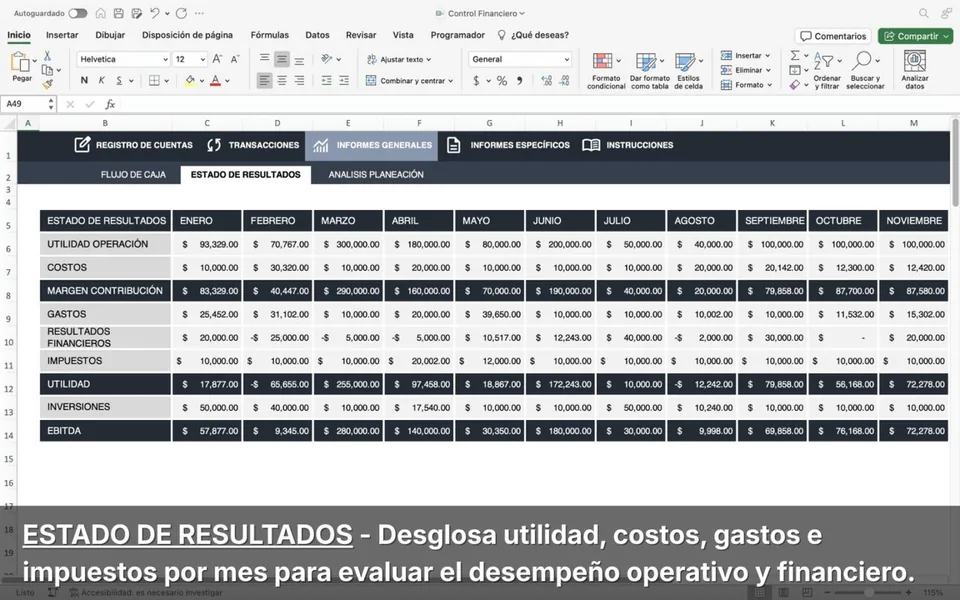 Pestaña Estado de Resultados - Utilidad, costos, gastos e impuestos