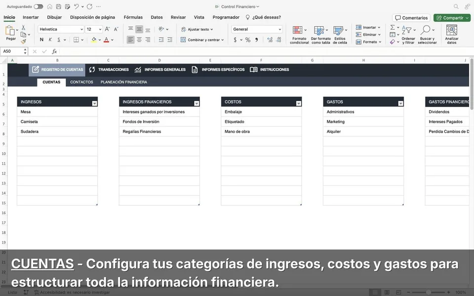Pestaña Cuentas - Configura tus categorías de ingresos, costos y gastos