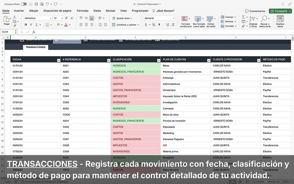 Pestaña Transacciones - Registra cada movimiento con fecha y método de pago