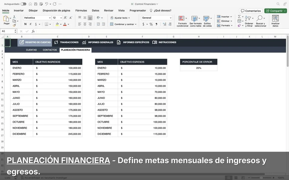 Pestaña Planeación Financiera - Metas mensuales de ingresos y egresos